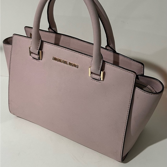 Michael Kors Pink Saffiano Leather Satchel Handbag Structured Tote - Picture 3 of 10